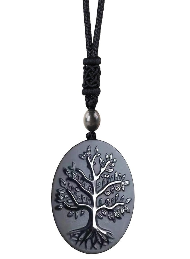 Anjiucc Natural Gemstone Tree of Life Black Obsidian/Golden Obsidian Pendant Necklace for Male and Female Necklace (Black obsidian) - Image 1