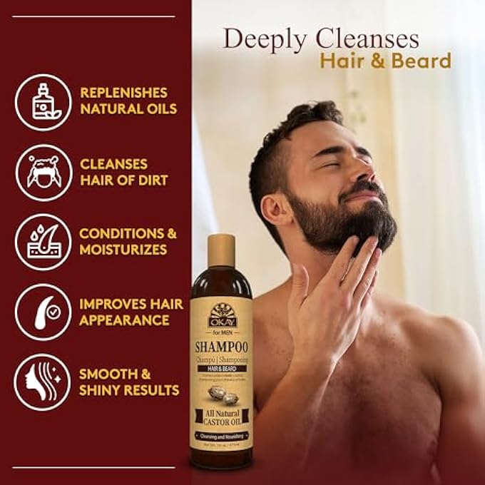 OKAY FOR MEN | SHAMPOO BEARD, HAIR, MUSTACHE CLEANER WASH WITH CASTOR OIL | STRENGTHEN, CLEANSE, SOFTEN, CONDITION | FOR ALL TYPES AND TEXTURES | FREE OF PARABENS, SILICONES, SULFATES | 16 OZ - Image 2