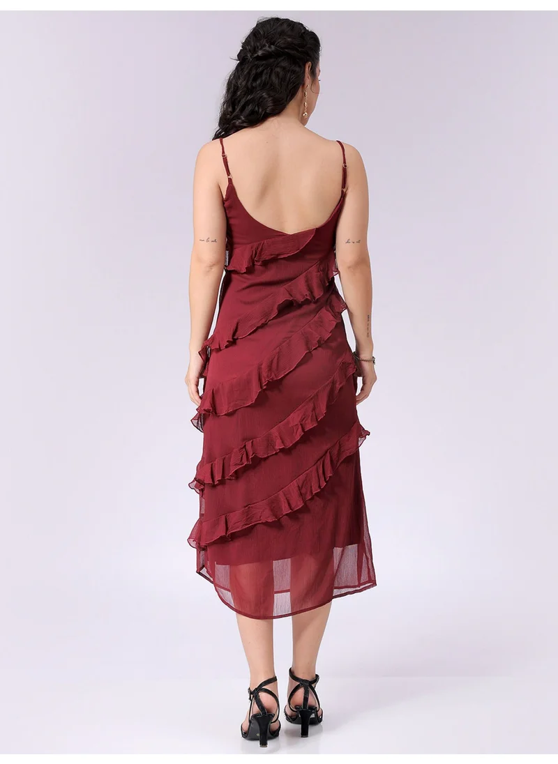 مرفوعة Women Casual A Line Solid Ruffle Scoop Neck Midi Length Slip Dress