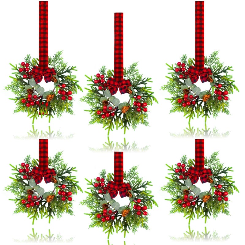 6 Pcs Small Christmas Wreath Mini Wreaths with Red Berry Pine Eucalyptus Christmas Wreaths for Door Kitchen Cabinets Window Fireplaces Decor