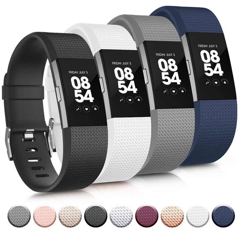 Tobfit 4 Pack Sport Bands Compatible with Fitbit Charge 2 Bands, Replacement Wristbands for Women Men Small/Large (Black/Blue/Grey/White, Large) - Image 1