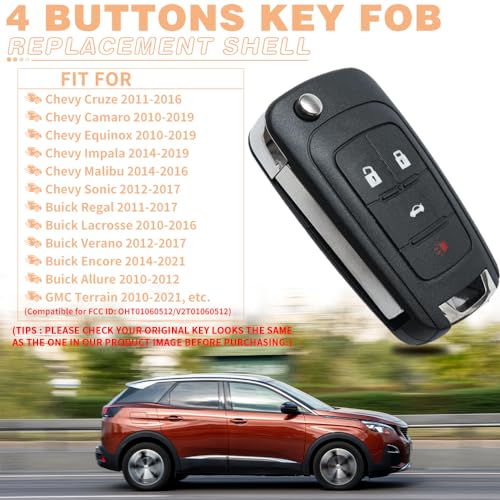 JJCHQ 4 Button Key Fob Keyless Entry Remote Shell Case Replacement for Chevy Cruze Equinox Camaro Impala Malibu Sonic Buick Regal Verano Encore Lacrosse GMC Terrain 2010 2011 2012 2013 2014 2015 2016-2021 - Image 4