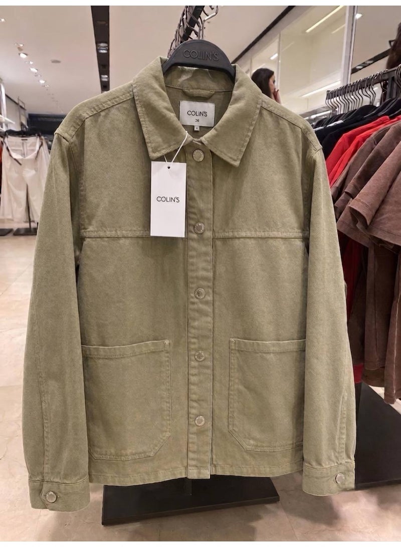 Colin's Women's Oversized Relaxed Fit Olive Green Denim Jacket, Long Sleeve Casual Streetwear size 38 - Image 3