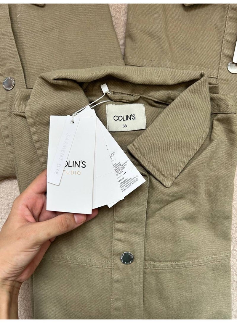 Colin's Women's Oversized Relaxed Fit Olive Green Denim Jacket, Long Sleeve Casual Streetwear size 38 - Image 5
