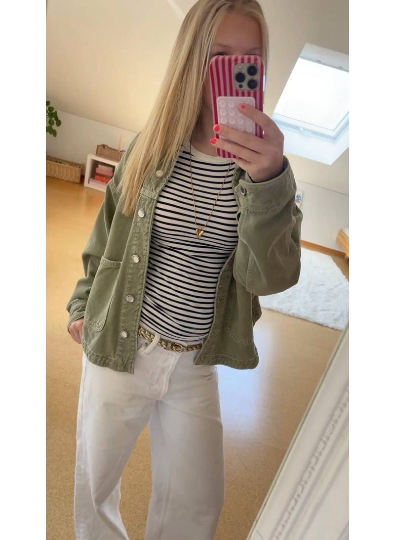 Colin's Women's Oversized Relaxed Fit Olive Green Denim Jacket, Long Sleeve Casual Streetwear size 38 - Image 2