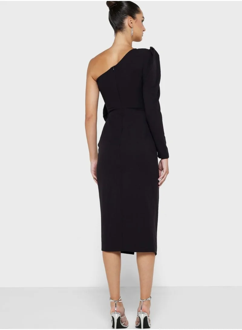 Fashonara One Shouldered Sleek Ankle Length Black Cocktail Dress