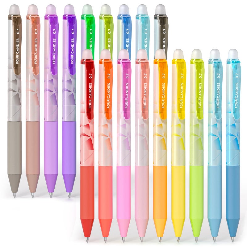 Four Candies 0.7mm Erasable Gel Pens, Make Mistakes Disappear Colored Pens, 18 Colors Retractable Fine Point Erasable Pens for Writing, Drawing, Planner & School Supplies - Image 1