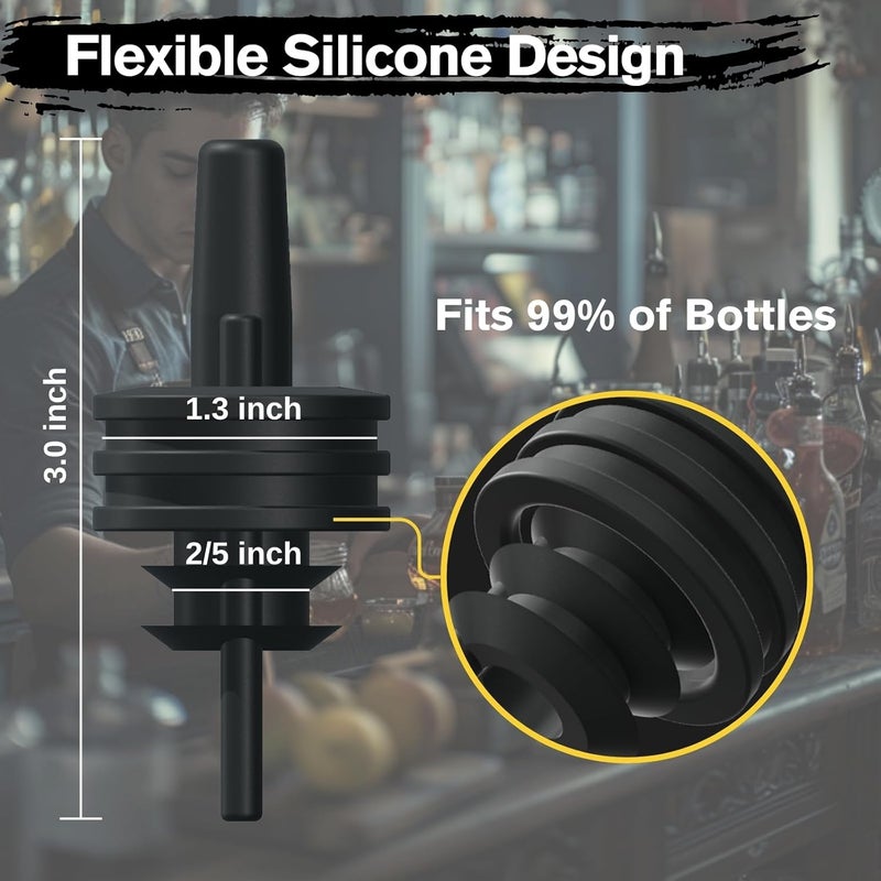 zPour Black Premium Quality Liquor Pour Spouts Pack 6 Reusable Leakproof Bottle Tops For Bartenders And Home Use Easy Flow Control For Alcohol Juice Syrup Oil Durable Silicone Spout Universal Fit - Image 4