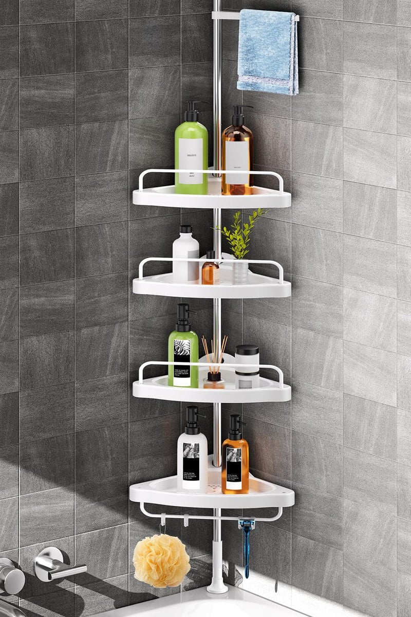 HAMITOR Corner Shower Caddy, Shower Tension Pole Caddy Stainless Steel with 4-Tier Adjustable Shelves & Rustproof Shower Organizer Corner for Bathroom, New Concept Non-Slip Silicone Mat
