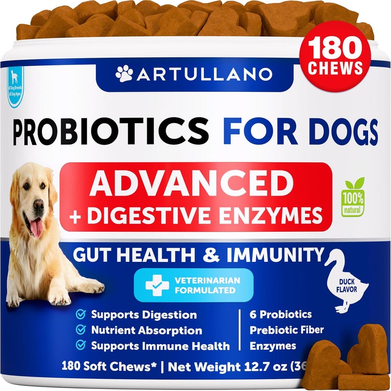 Artullano Probiotics for Dogs - Support Gut Health, Itchy Skin, Allergies, Immunity, Yeast Balance - Dog Probiotics and Digestive Enzymes with Prebiotics - Reduce Diarrhea, Gas - 180 Probiotic Chews for Dogs - Image 1
