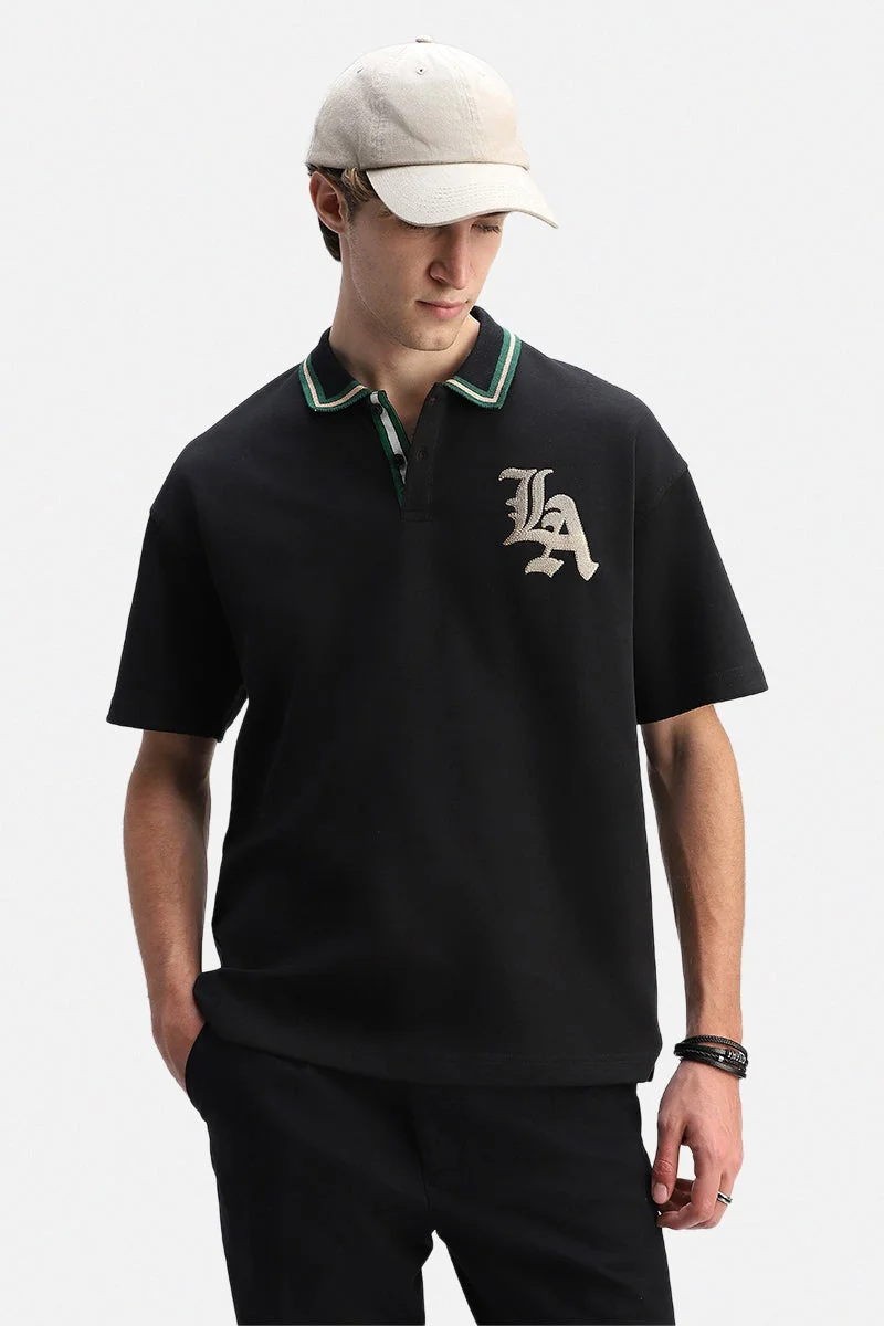 SNITCH Black Embroidered Half Sleeve Oversized Streetwear T-Shirt