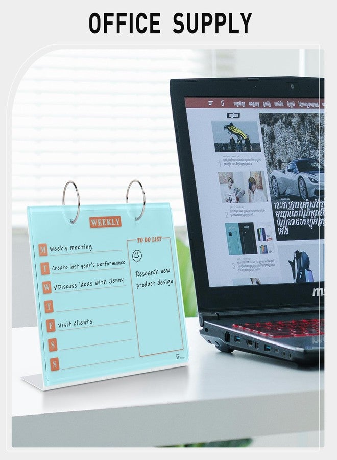TOWON Desktop Glass Dry Erase & Acrylic Aesthetic Calendar Weekly to-do List Combo, Small Magnetic Standing Whiteboard, Desk Flip Easel Calendar with Accessories for Home Office Supply, Aqua Blue, 9 x 7'' - Image 2