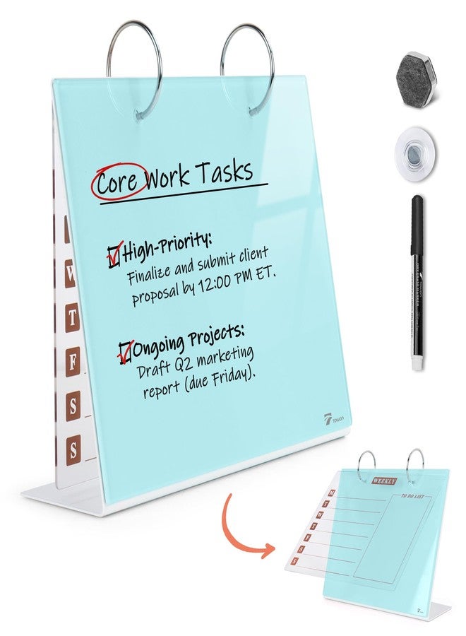 TOWON Desktop Glass Dry Erase & Acrylic Aesthetic Calendar Weekly to-do List Combo, Small Magnetic Standing Whiteboard, Desk Flip Easel Calendar with Accessories for Home Office Supply, Aqua Blue, 9 x 7'' - Image 1