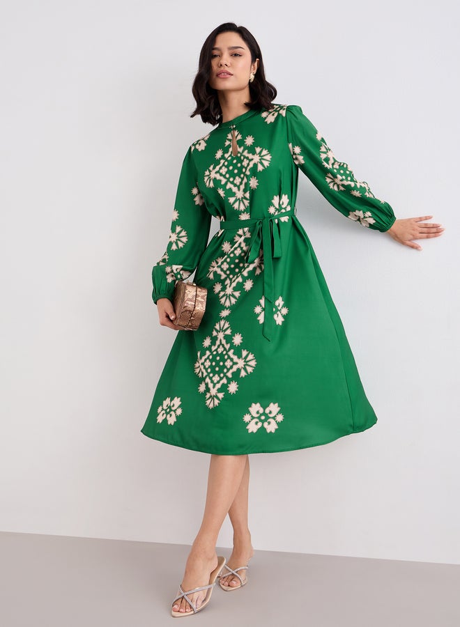 Green Geometric Print Midi Dress