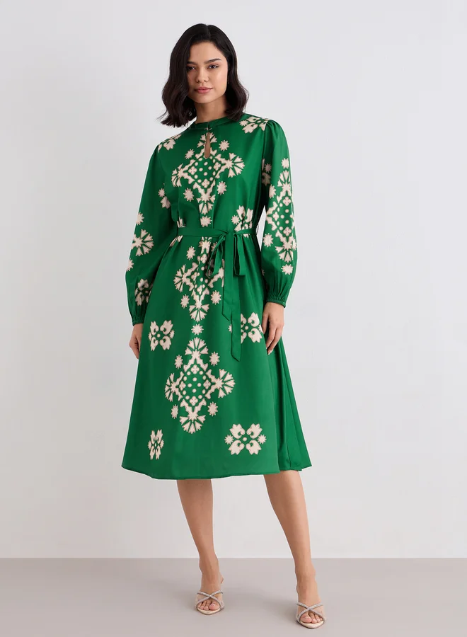 Styli Styli Green Geometric Print Midi Dress