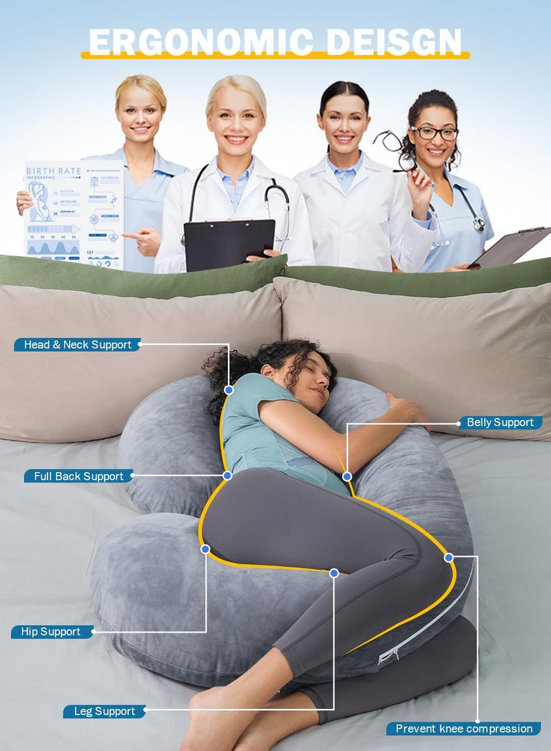 INSEN Pregnancy Pillow Maternity Body Pillow with Pillow Cover C Shaped Body Pillow for Pregnant Women Velvet Silk Fiber Grey - Image 2