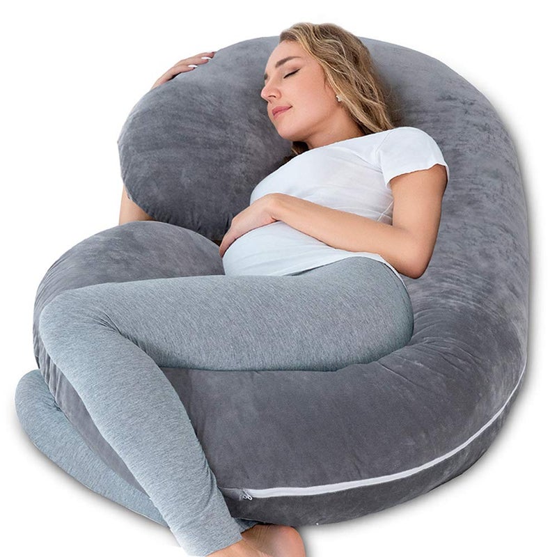 INSEN Pregnancy Pillow Maternity Body Pillow with Pillow Cover C Shaped Body Pillow for Pregnant Women Velvet Silk Fiber Grey - Image 1