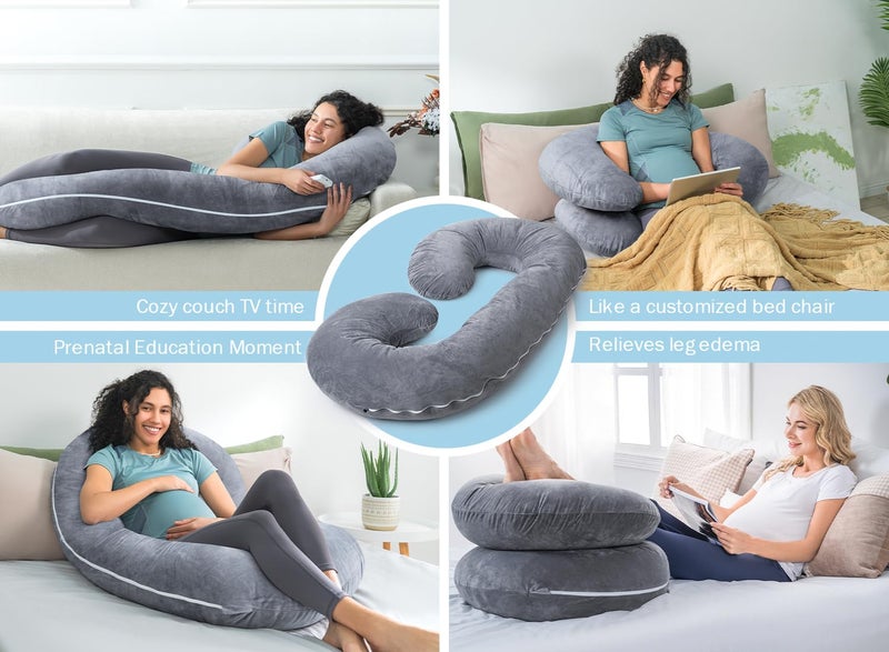 INSEN Pregnancy Pillow Maternity Body Pillow with Pillow Cover C Shaped Body Pillow for Pregnant Women Velvet Silk Fiber Grey - Image 3