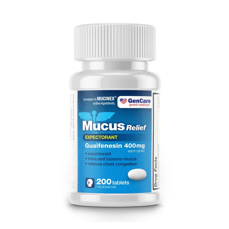 GenCare Mucus Relief Expectorant with 400mg Guaifenesin - 200 Tablets for Cough, Chest Congestion, Colds, Flu, and Allergies - Image 1
