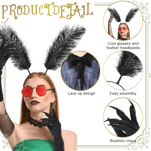 Skicuff 4 Pcs Unisex Mothman Costume Halloween Mothman Cosplay Moth Paw Glove Fingernail Glasses Headband for Adult Women(Elegant Style) - Image 2