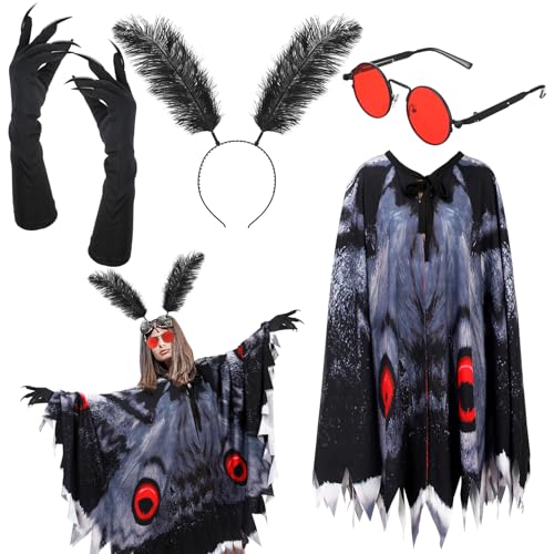 Skicuff 4 Pcs Unisex Mothman Costume Halloween Mothman Cosplay Moth Paw Glove Fingernail Glasses Headband for Adult Women(Elegant Style) - Image 1