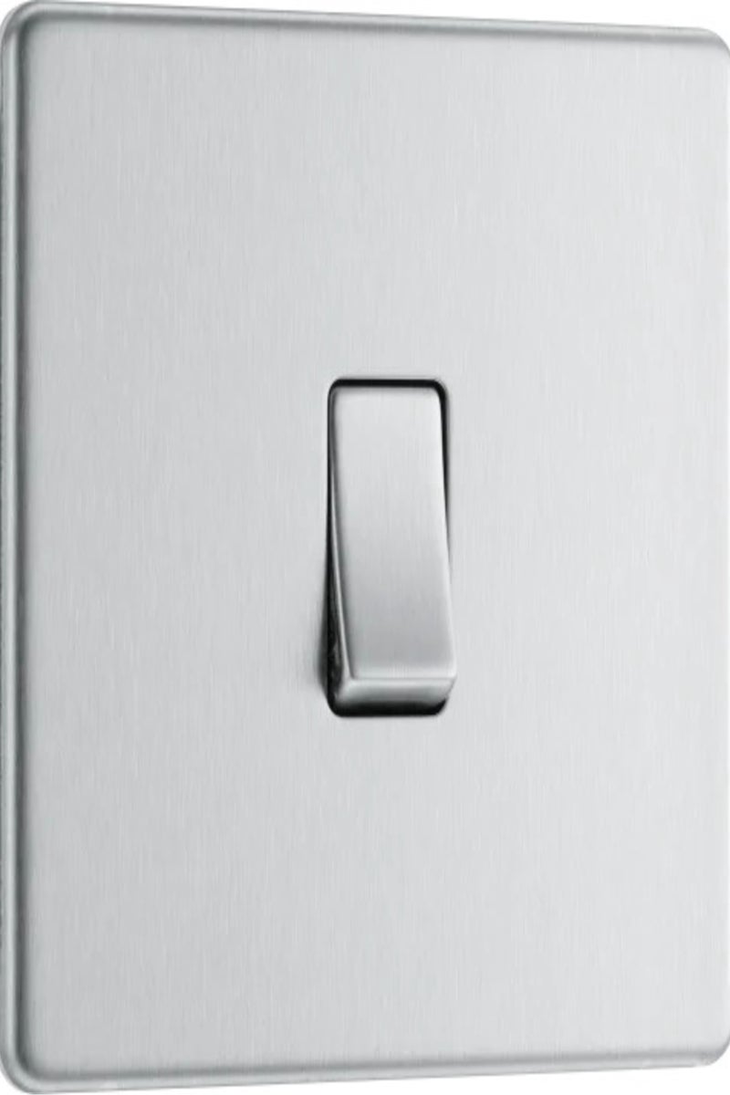 BG Electrical fbs12 Screwless Flat Plate Single Light Switch, Brushed Steel, 2-Way, 16AX