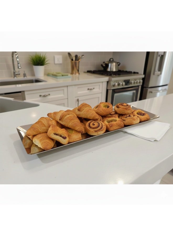 صينية أو صحن تقديم ستانلس ستيل فضي مودرن مستطيلة قطعة ضيافة فاخرة للحلى والمعجنات والتمر بتصميم عصري طول 44 سم عرض 14 سم - Image 3