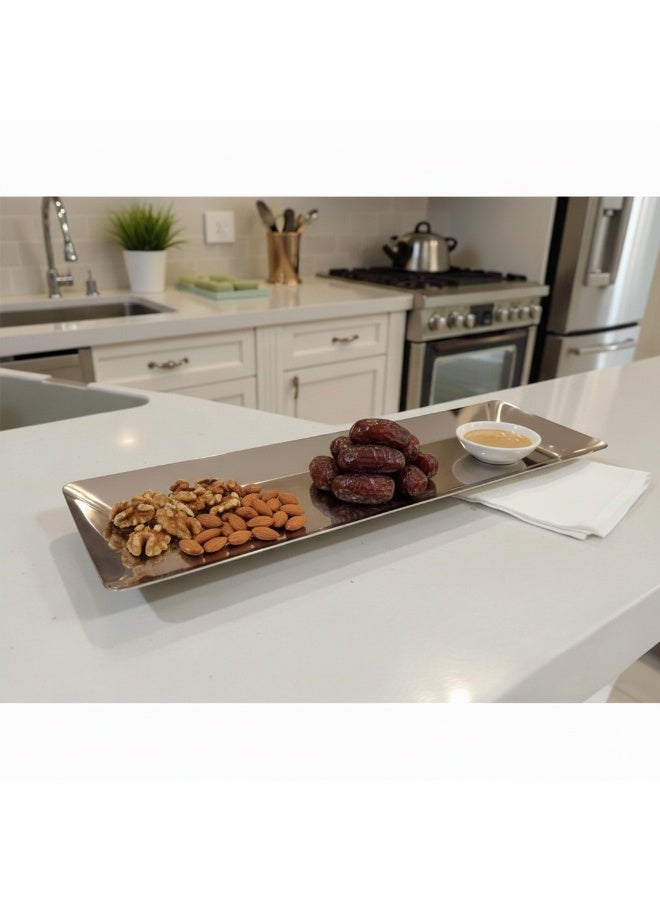 صينية أو صحن تقديم ستانلس ستيل فضي مودرن مستطيلة قطعة ضيافة فاخرة للحلى والمعجنات والتمر بتصميم عصري طول 44 سم عرض 14 سم - Image 2