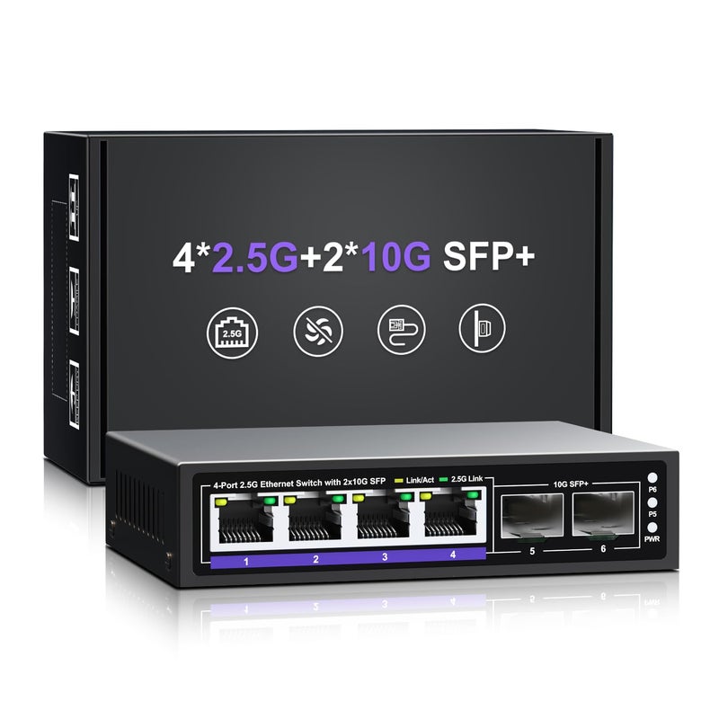 NICGIGA 6 Port 2.5G Unmanaged Ethernet Switch, 4 x 2.5G Base-T Ports, 2 x 10G SFP+, Compatible with 100/1000/2500Mbps, Metal Fanless, Desktop/Wall Mount NICGIGA 2.5Gbe Network Switch for Wireless AP, NAS, PC - Image 1