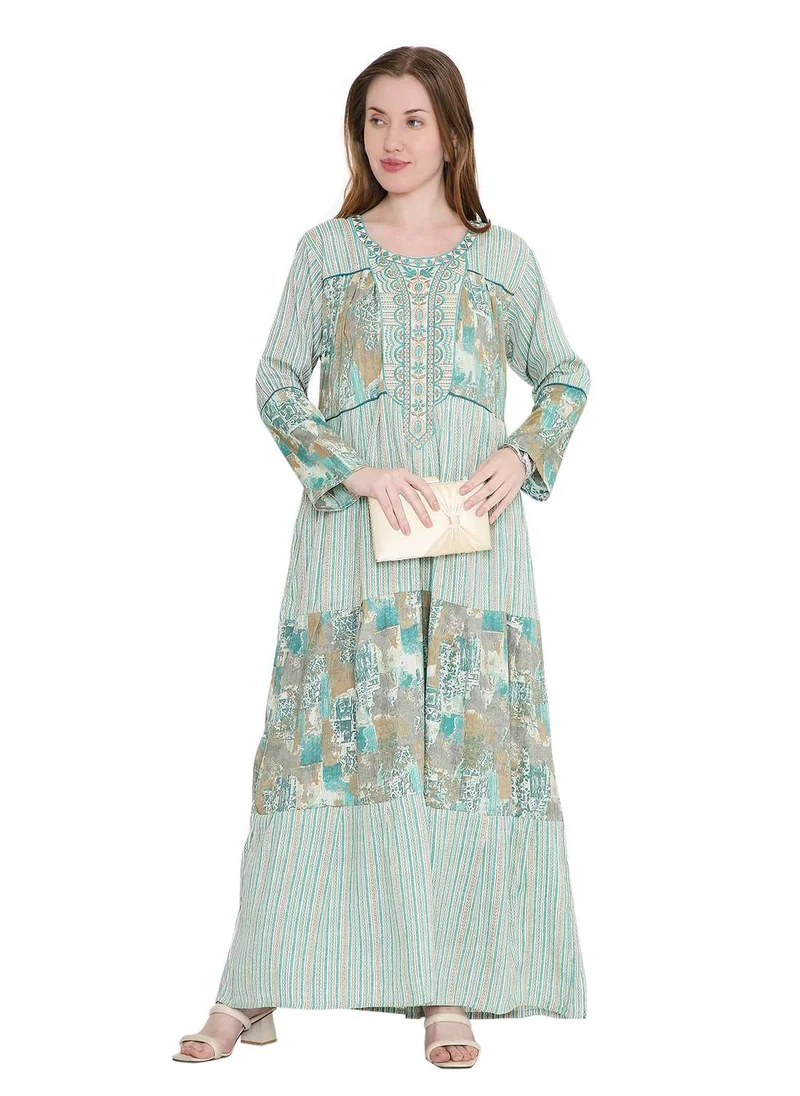 هانا آند سارا glamorous long viscose printed farasha with unique embroidered thread detailing arabic kaftan jalabiya dress