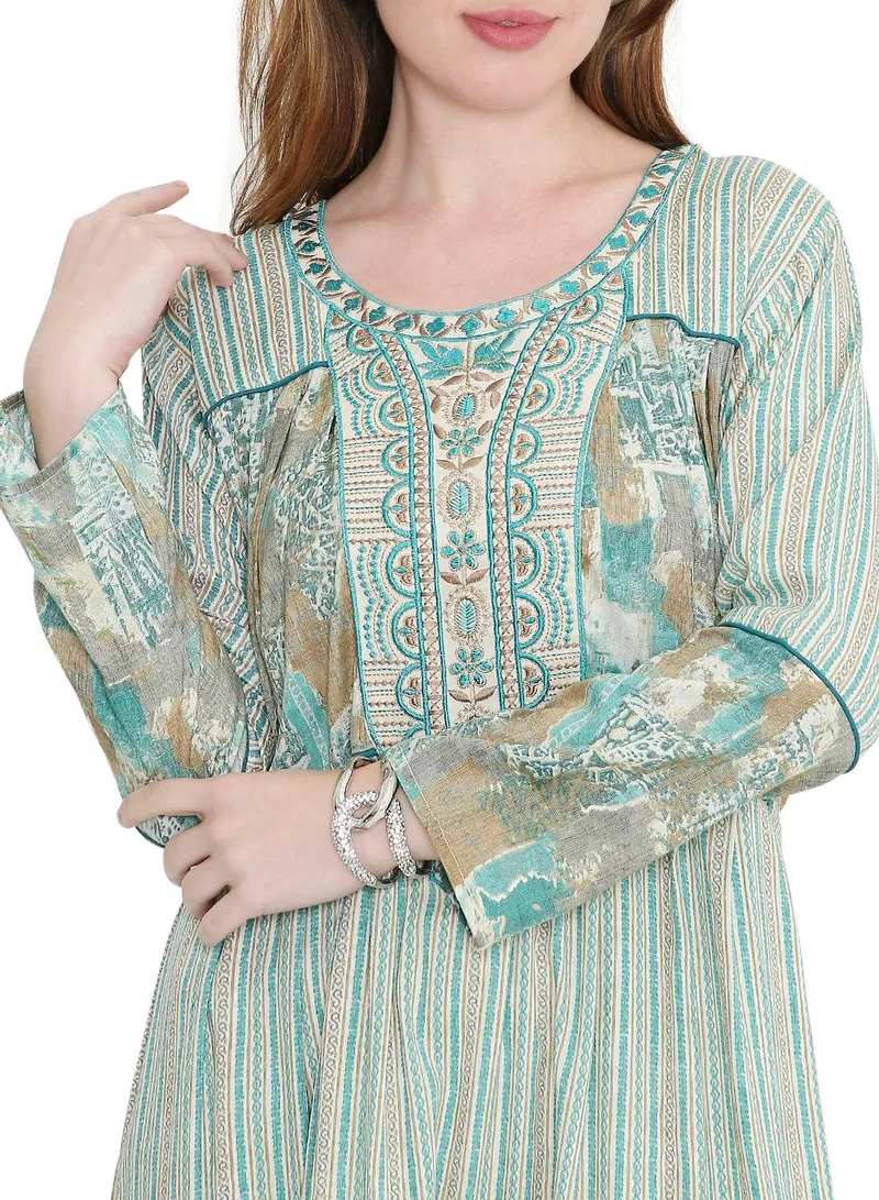 HANA & SARA glamorous long viscose printed farasha with unique embroidered thread detailing arabic kaftan jalabiya dress