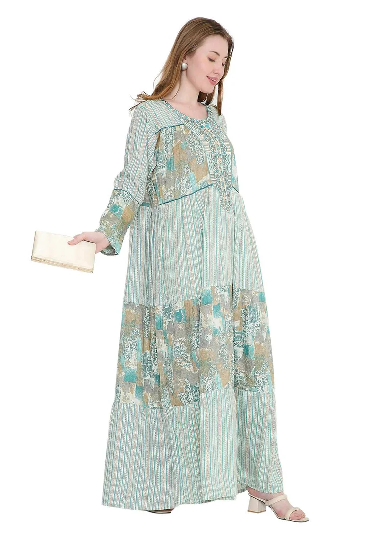 HANA & SARA glamorous long viscose printed farasha with unique embroidered thread detailing arabic kaftan jalabiya dress
