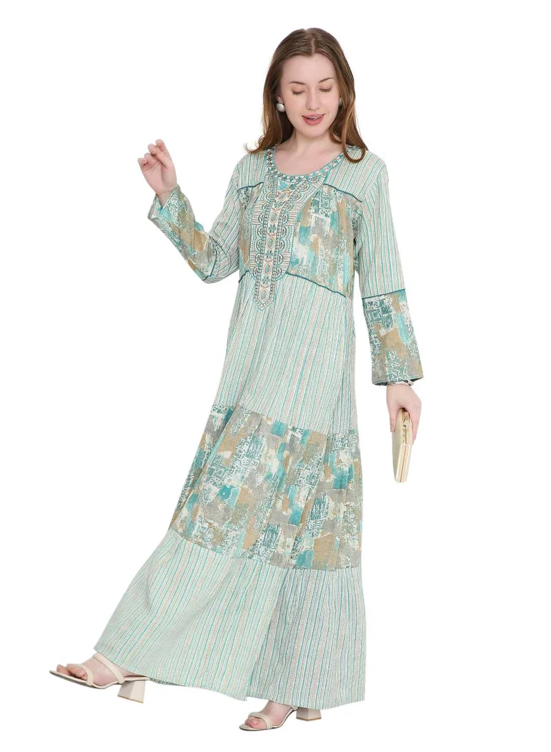 HANA & SARA glamorous long viscose printed farasha with unique embroidered thread detailing arabic kaftan jalabiya dress