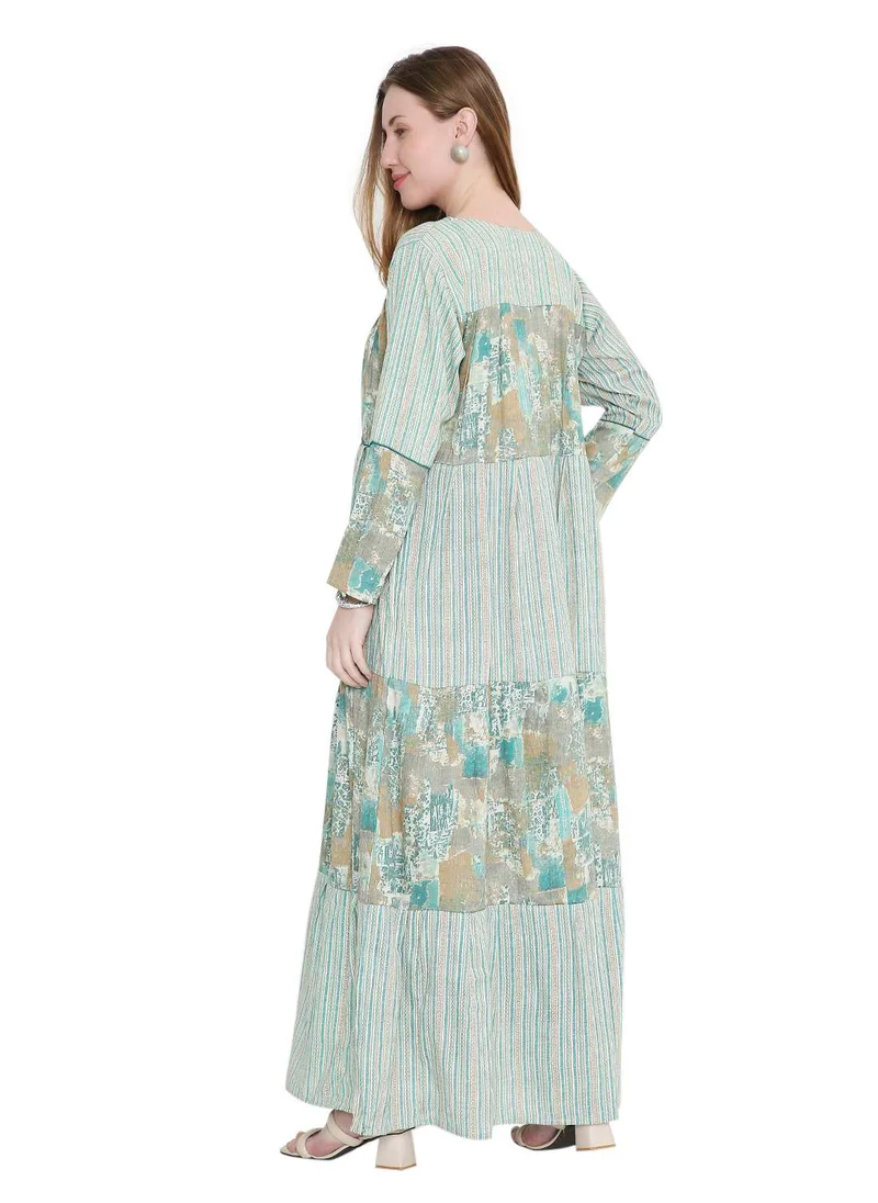 هانا آند سارا glamorous long viscose printed farasha with unique embroidered thread detailing arabic kaftan jalabiya dress