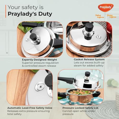 Praylady 5 Litre Stainless Steel Outer Lid Pressure Cooker | Induction & Gas Compatible | 1.2mm Thick | BIS Certified | Sandwich Bottom – Silver - Image 5
