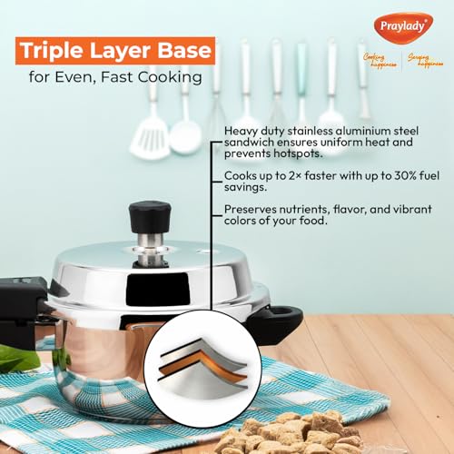 Praylady 5 Litre Stainless Steel Outer Lid Pressure Cooker | Induction & Gas Compatible | 1.2mm Thick | BIS Certified | Sandwich Bottom – Silver - Image 4