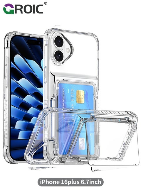 iPhone 16 Plus Case Wallet Clear Flip Cover Kickstand 4 Card Back Pocket Credit Card Holder ID Slot Rugged TPU Bumper PC Hard Plustective Armor Hybrid Shell for iPhone 16 Plus