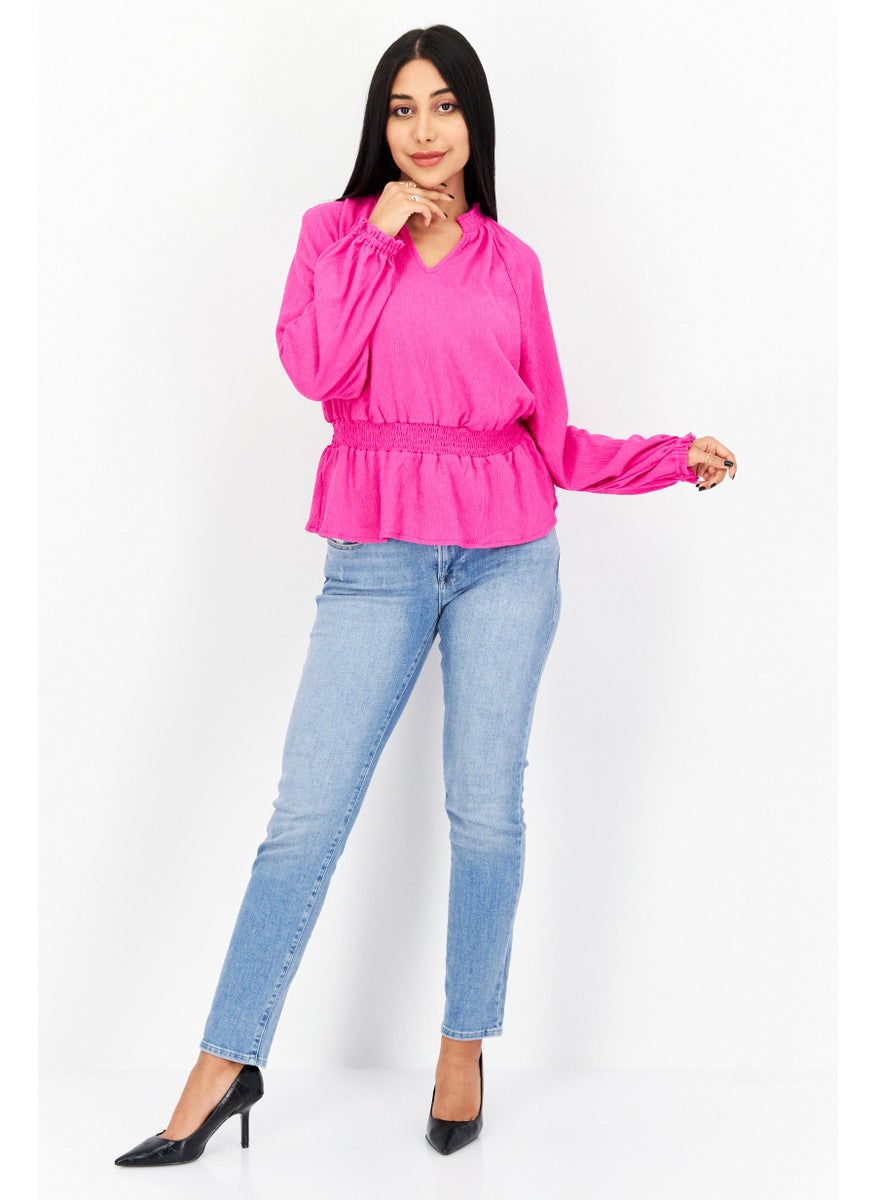 Riley & Rae - Women V Neck Long Sleeve Solid Blouse, Pink - Image 1