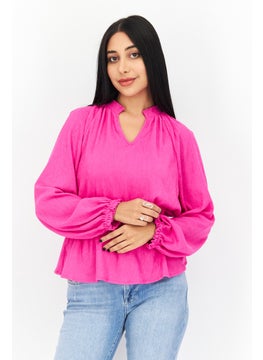 Women V Neck Long Sleeve Solid Blouse, Pink