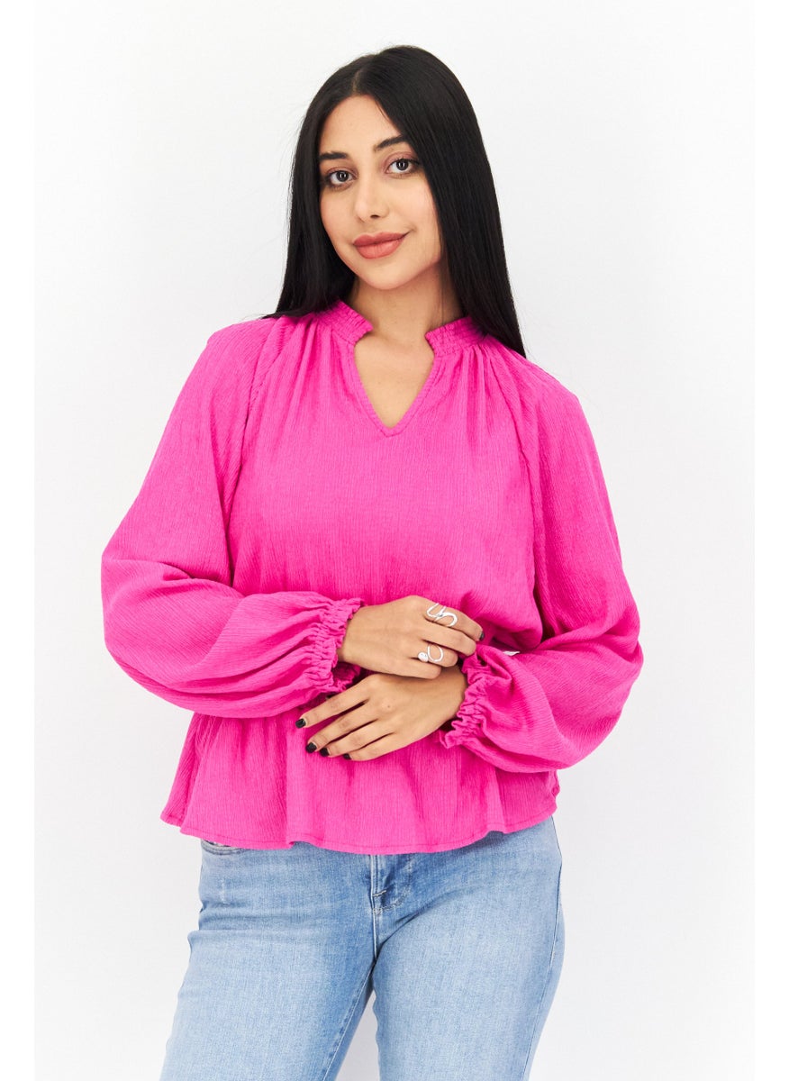 Riley & Rae - Women V Neck Long Sleeve Solid Blouse, Pink - Image 1