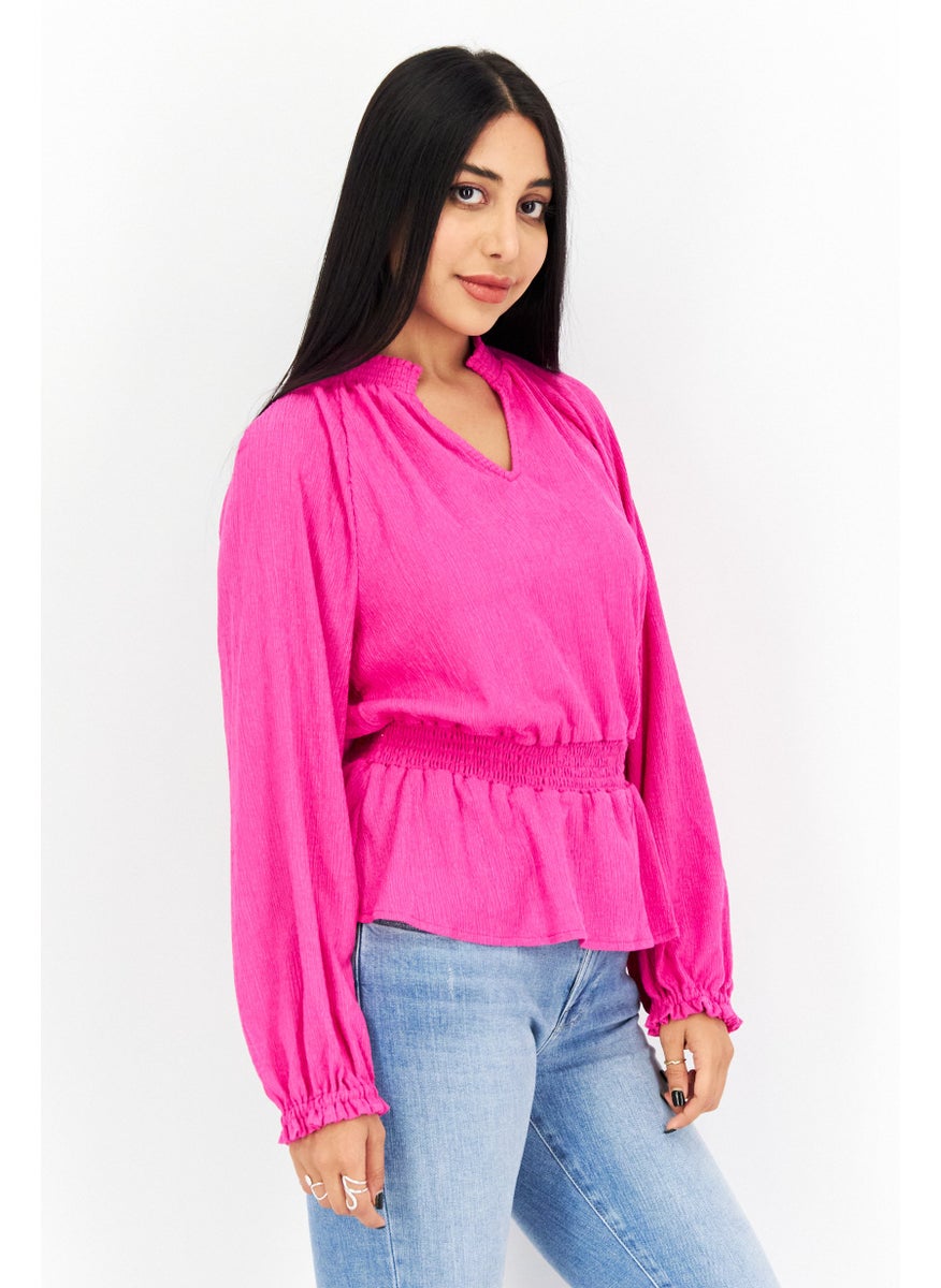 Riley & Rae - Women V Neck Long Sleeve Solid Blouse, Pink - Image 1