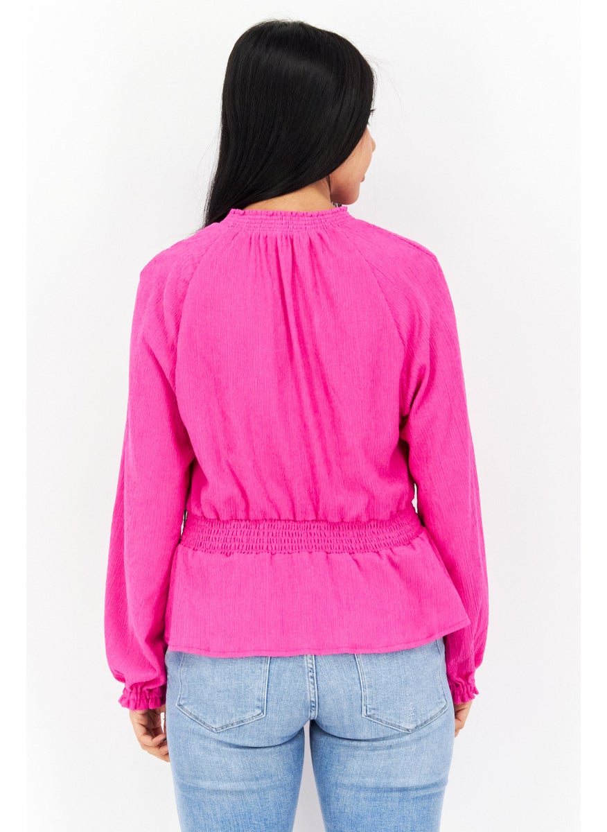Riley & Rae - Women V Neck Long Sleeve Solid Blouse, Pink - Image 1