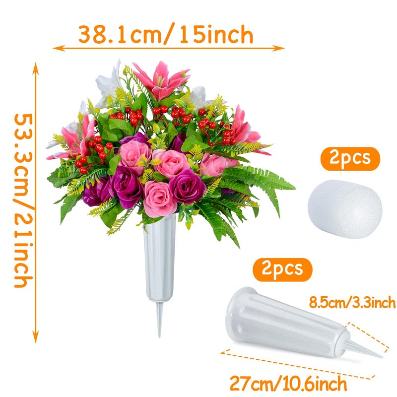 XONOR Artificial Cemetery Flowers with Vase, Set of 2 Artificial Rose Lily Bouquet Graveyard Memorial Flowers for Cemetery Headstones Decoration - Image 2
