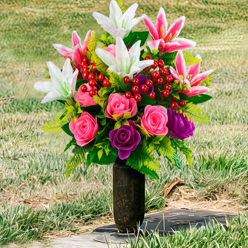 XONOR Artificial Cemetery Flowers with Vase, Set of 2 Artificial Rose Lily Bouquet Graveyard Memorial Flowers for Cemetery Headstones Decoration - Image 5