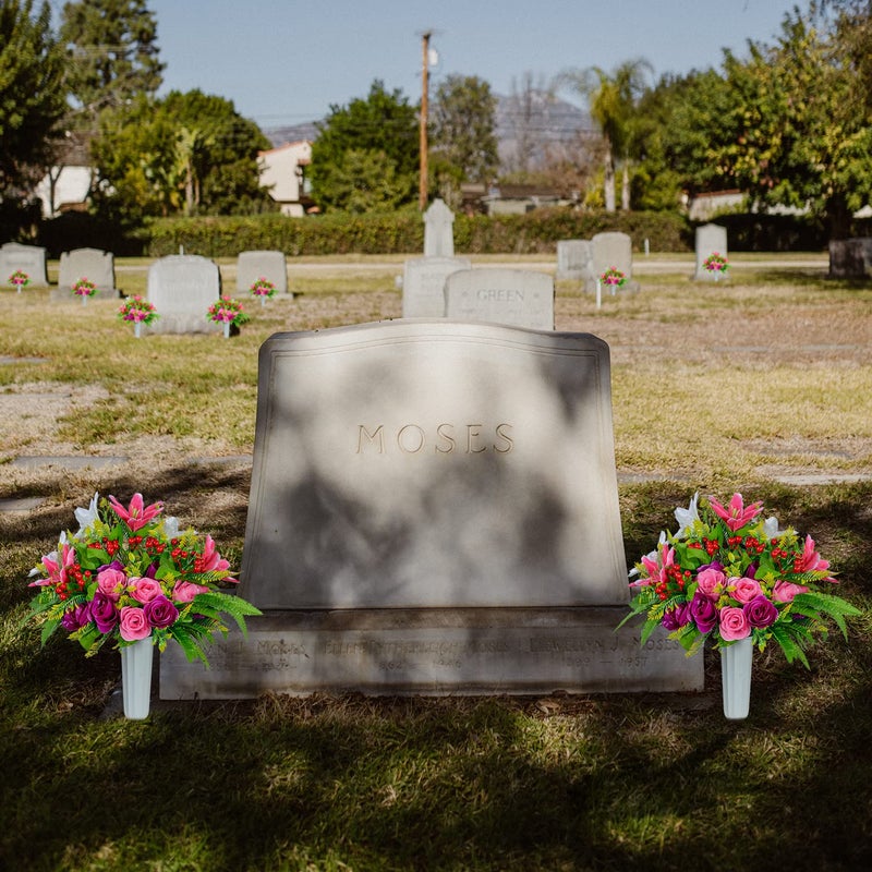 XONOR Artificial Cemetery Flowers with Vase, Set of 2 Artificial Rose Lily Bouquet Graveyard Memorial Flowers for Cemetery Headstones Decoration - Image 4