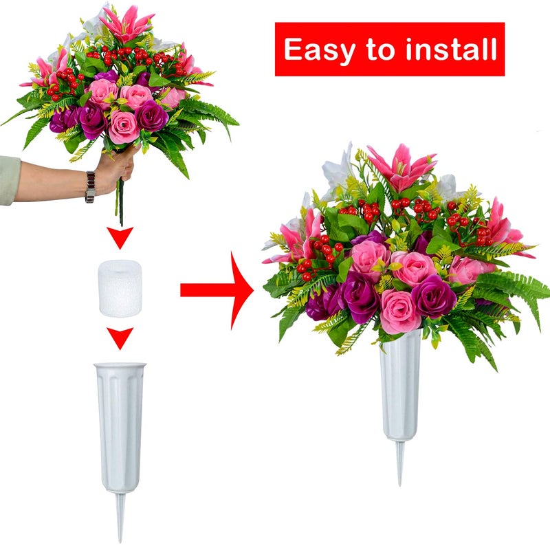 XONOR Artificial Cemetery Flowers with Vase, Set of 2 Artificial Rose Lily Bouquet Graveyard Memorial Flowers for Cemetery Headstones Decoration - Image 3