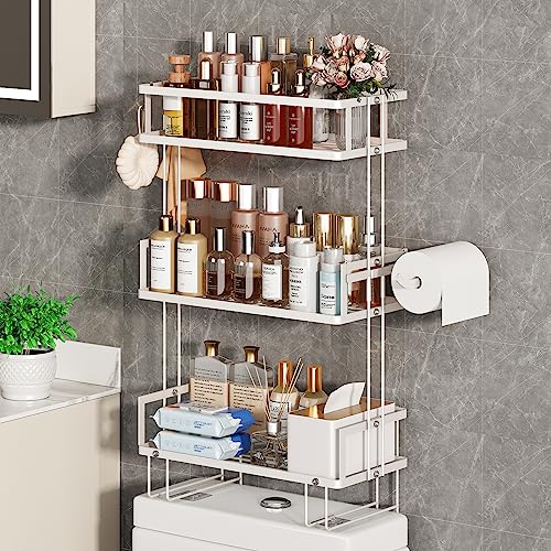 Godboat Bathroom Organizers and Storage 3Tier Over The Toilet Storage Wall Shelf with Paper Holder and 2 Hooks No Drilling Cool Decor and Home Decor Gifts for Women Mom Mothers Day White