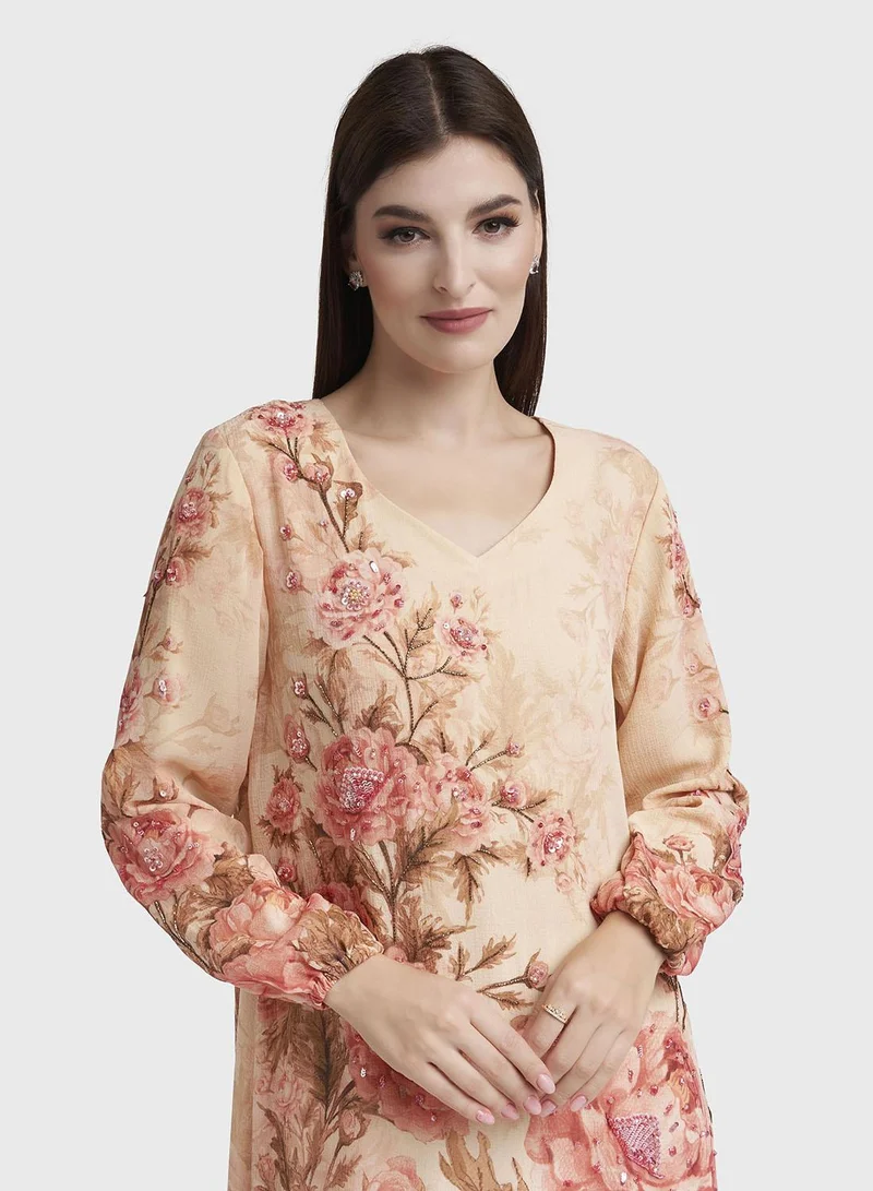 Kashkha Peach Floral Print Chiffon Maxi Dress (VW433)