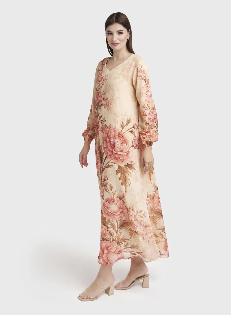 Kashkha  Peach Floral Print Chiffon Maxi Dress (VW433) for Women | Best Price UAE