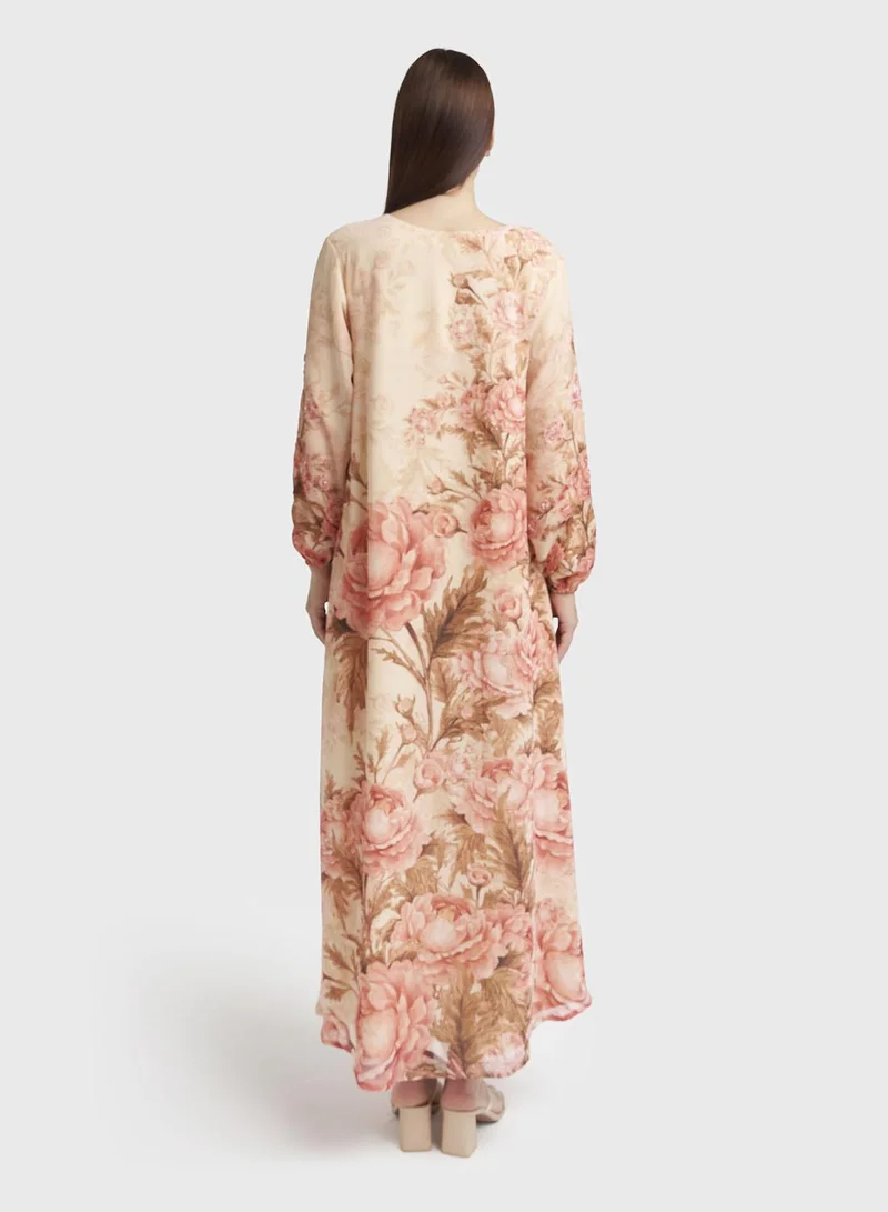 Kashkha  Peach Floral Print Chiffon Maxi Dress (VW433) for Women | Best Price UAE